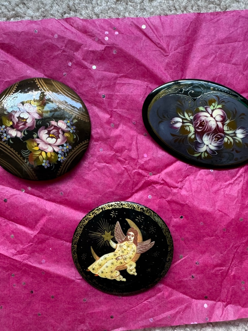Russian Hand-Painted Black Floral and Angel Decorative brooches. Signed.